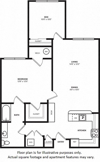 Floor plan for 1 bed, 1 bath, 939 sqft